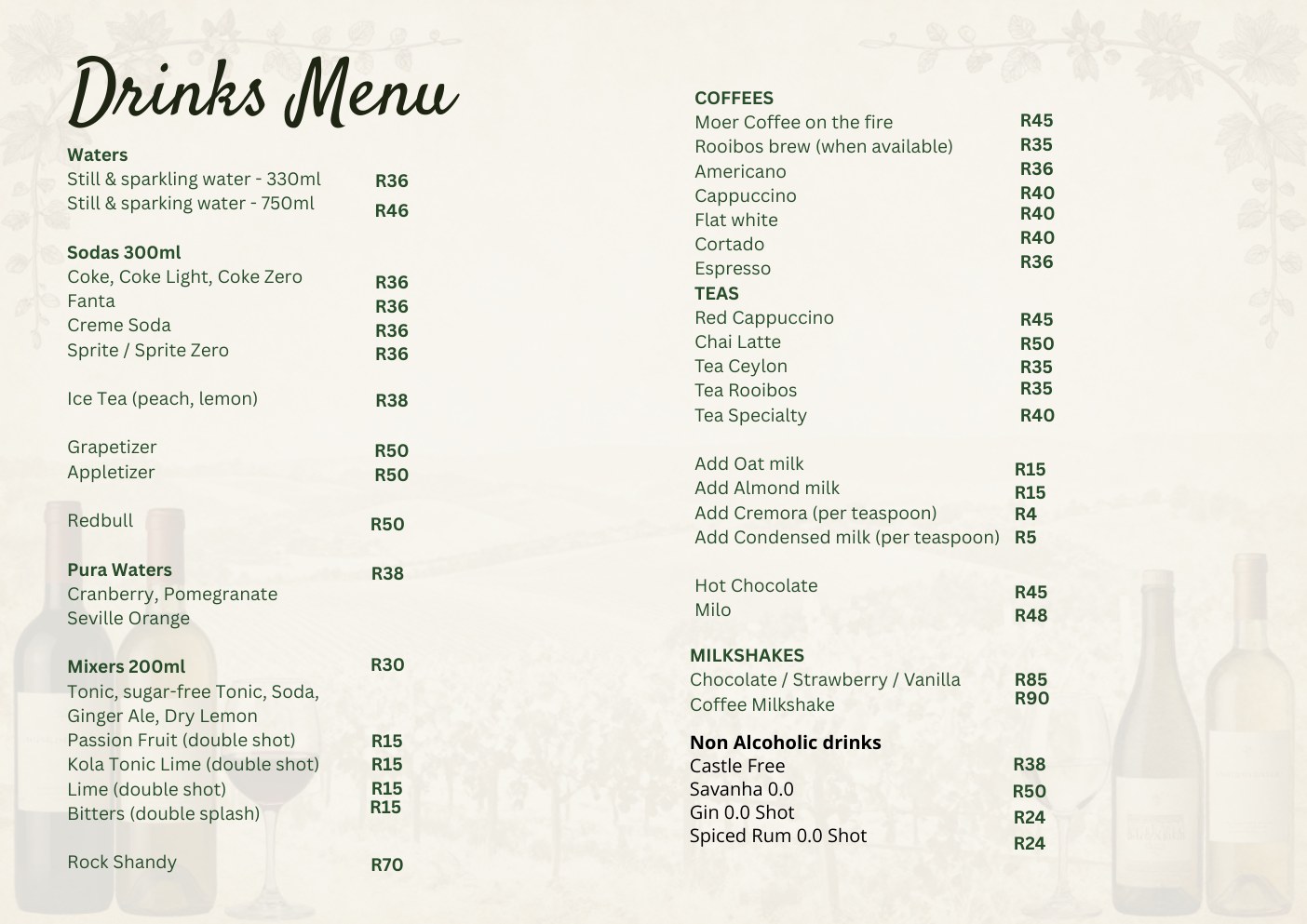 Drinks and wine list page 10