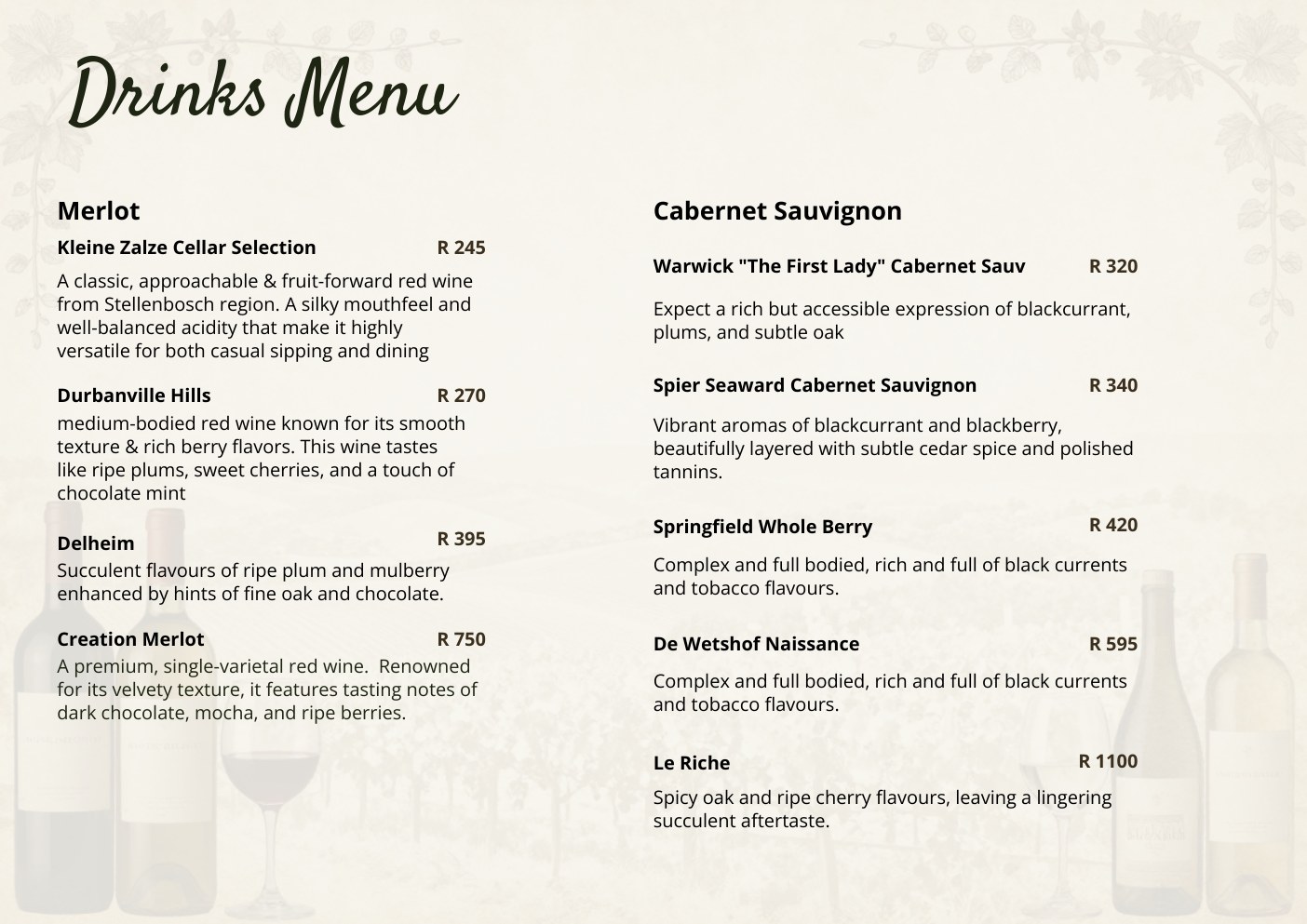 Drinks and wine list page 5