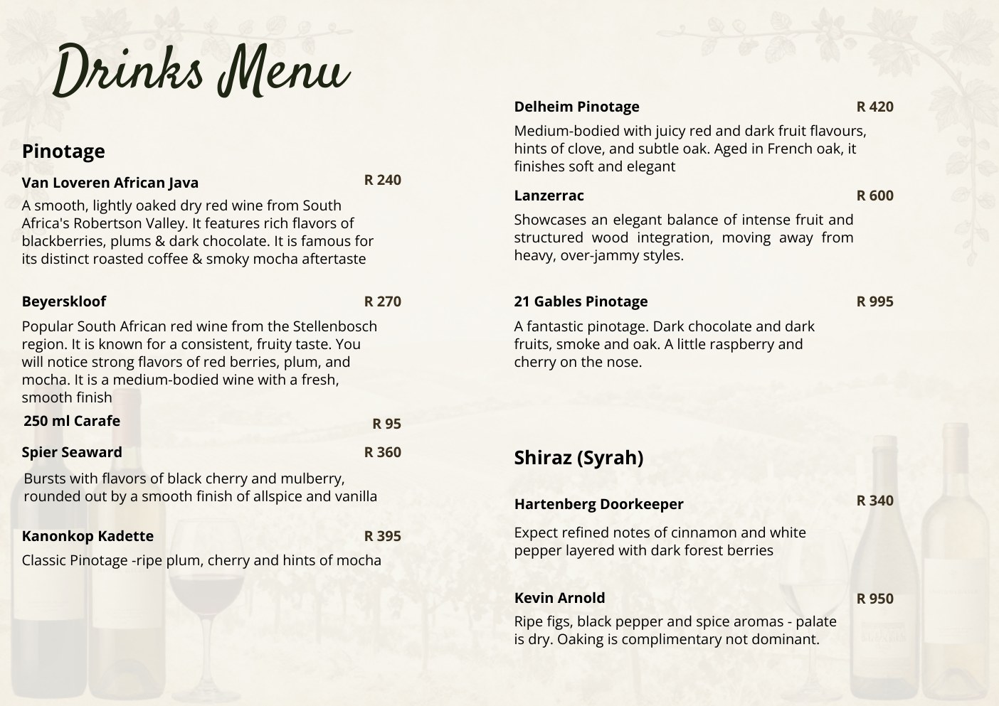 Drinks and wine list page 6
