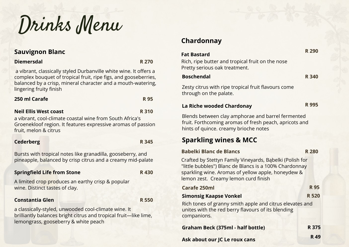 Drinks and wine list page 8