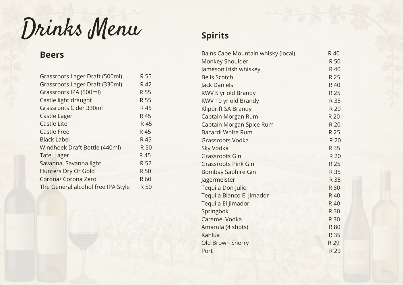 Drinks and wine list page 9